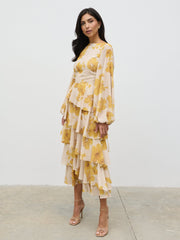 Beatris Backless Ruffle Midaxi Dress - Yellow Ochre Floral