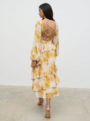 Beatris Backless Ruffle Midaxi Dress - Yellow Ochre Floral