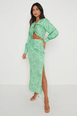 Bec Ruched Waist Midaxi Skirt - Green Abstract Floral