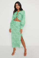 Bec Ruched Waist Midaxi Skirt - Green Abstract Floral