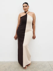 Berkley Contrast Knit Maxi Dress Curve - Beige and Chocolate Brown