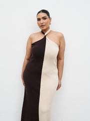 Berkley Contrast Knit Maxi Dress Curve - Beige and Chocolate Brown