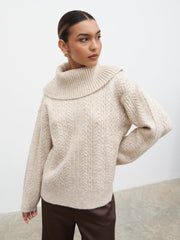 Blossom Cable Knit Exaggerated Roll Neck Jumper - Light Beige