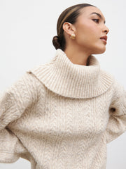 Blossom Cable Knit Exaggerated Roll Neck Jumper - Light Beige