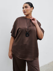 Breya Boxy Satin T-Shirt Curve - Chocolate Brown