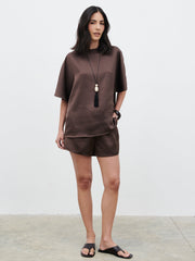 Breya Satin Drawstring Shorts - Chocolate Brown