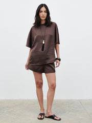 Breya Satin Drawstring Shorts - Chocolate Brown