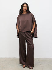 Breya Cape Floaty Satin Top - Chocolate Brown