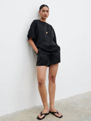 Breya Satin Drawstring Shorts - Black