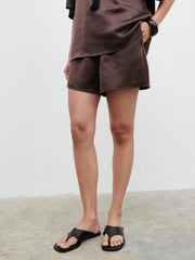 Breya Satin Drawstring Shorts - Chocolate Brown