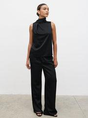 Breya Scarf Satin Top - Black