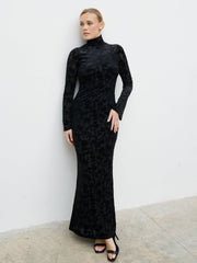 Caitlin Flocked Backless Maxi Dress - Black