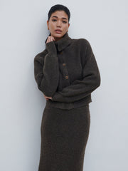 Camille High Neck Knit Cardigan - Bark