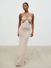 Candice Halterneck Beaded Knit Maxi Dress - Stone