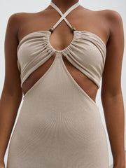 Candice Halterneck Beaded Knit Maxi Dress - Stone