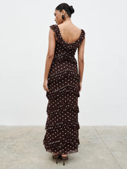 Cecile Ruffle Mesh Maxi Dress - Brown and Cream Polkadot