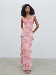 Cecile Scoop Neck Ruffle Maxi Dress - Pink Marble Ombre