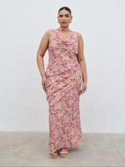 Constance Scarf Ruffle Maxi Dress Curve - Berry Multi Abstract