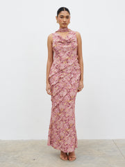 Constance Scarf Ruffle Maxi Dress - Berry Multi Abstract
