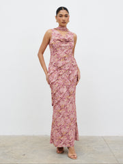 Constance Scarf Ruffle Maxi Dress - Berry Multi Abstract