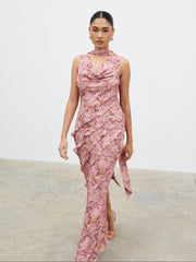 Constance Scarf Ruffle Maxi Dress - Berry Multi Abstract