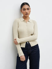 Denver Buttoned Long Sleeve Knit Top - Taupe