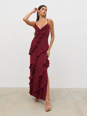 Elle Ruffle Bow Maxi Dress - Wine