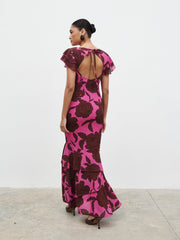 Ester Ruffle Maxi Dress - Brown and Fuchsia Floral