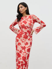 Ethel Long Sleeve Jersey Midaxi Dress - Red Floral