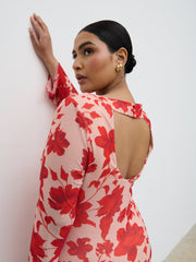 Ethel Long Sleeve Jersey Midaxi Dress Curve - Red Floral