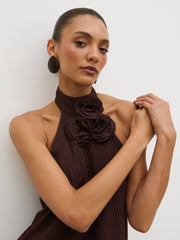 Evalina Corsage Halterneck Top - Brown