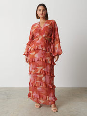 Evie Ruffle Maxi Dress Curve - Abstract Watercolour