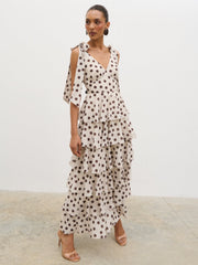 Fiore Tie Ruffle Maxi Dress - Large Brown and Cream Polkadot