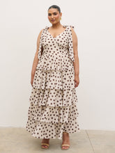 Fiore Tie Ruffle Maxi Dress Curve - Large Brown and Cream Polkadot