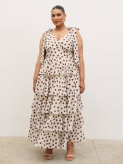 Fiore Tie Ruffle Maxi Dress Curve - Large Brown and Cream Polkadot