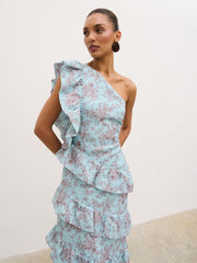 Fleur Tiered Frill One Shoulder Midaxi Dress - Seaspray and Brown Floral