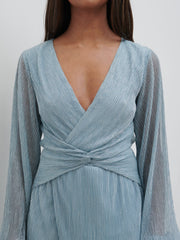 Friena Plisse Knot Contrast Dress - Blue Metallic