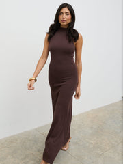 Hannah High Neck Knit Maxi Dress - Brown
