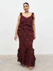 Helena Ruffle Jacquard Maxi Dress Curve - Mahogony