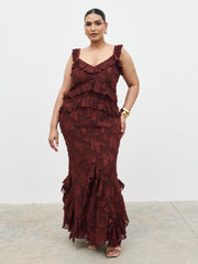 Helena Ruffle Jacquard Maxi Dress Curve - Mahogony