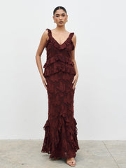 Helena Ruffle Jacquard Maxi Dress - Mahogony