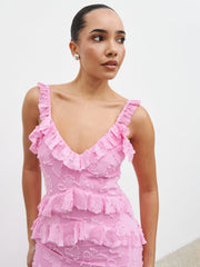 Helena Ruffle Jacquard Maxi Dress - Peony Pink