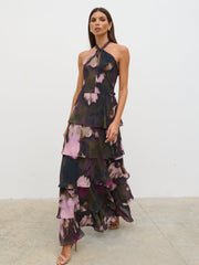 Hester Halter Neck Ruffle Maxi Dress - Purple and Khaki Ombre