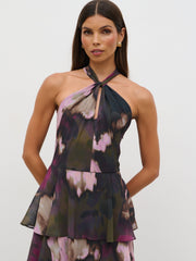 Hester Halter Neck Ruffle Maxi Dress - Purple and Khaki Ombre