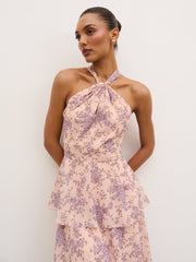 Hester Halterneck Ruffle Maxi Dress - Apricot & Lilac Floral
