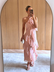 Aria Halterneck Ruffle Midaxi Dress - Dusty Rose