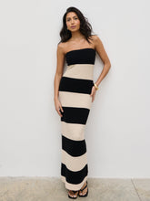 Jamie Bandeau Stripe Crochet Knit Maxi Dress - Black and Cream