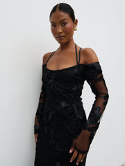 Jamila Cold Shoulder Maxi Dress - Black Jacquard Floral