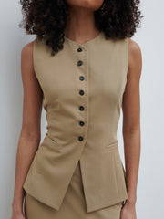 Jean Buttoned Down Waistcoat - Camel Beige