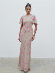 Jules Maxi Dress - Olive and Fuchsia Petal Floral